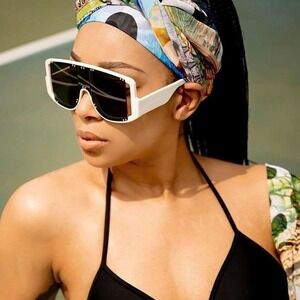 Fashion‎ Oversized Sunglasses Women Shield Visor Flat Top White Frame Black Lens